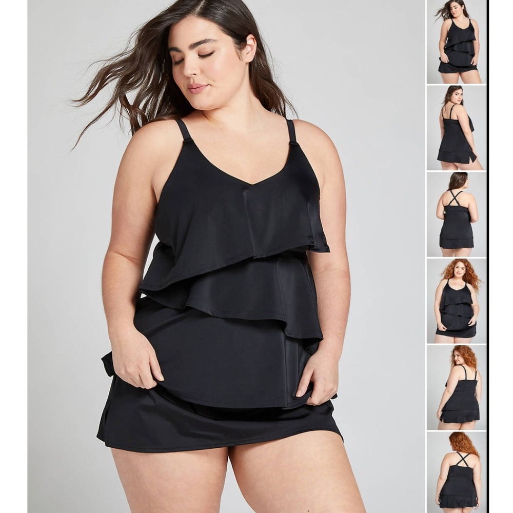 Cacique Swim Black Flounce Tiered Ruffle No-Wire Tankini Top Size 20